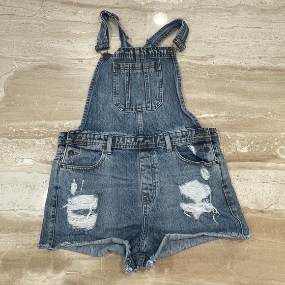 F21 Jean Jeans‎ Shortalls Shorts Overalls Cotton Distressed Blue 31 Large - Picture 1 of 9